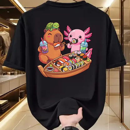 Cute Capybara Shirt, Funny Capybara Unisex T-Shirt/Hoodie/Sweatshirt HLT00 - Kawaii Capybara Axolotl Sushi Nigiri Chopsticks Anime Food T-Shirt