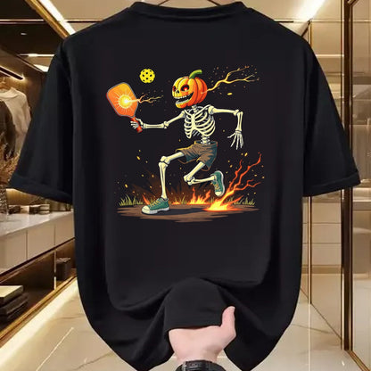 Funny Pickleball Shirt, Pickleball Lover Unisex T-Shirt/Hoodie/Sweatshirt HLT00 - Pumpkin Head Skeleton Pickleball Halloween Spooky Sports T-Shirt