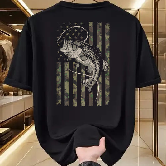 Funny Fishing Shirt, Gift For Fishing Lover Unisex T-Shirt/Hoodie/Sweatshirt HLT00 - Fishing Camo American Flag Bass Fish (Design on Back) T-Shirt