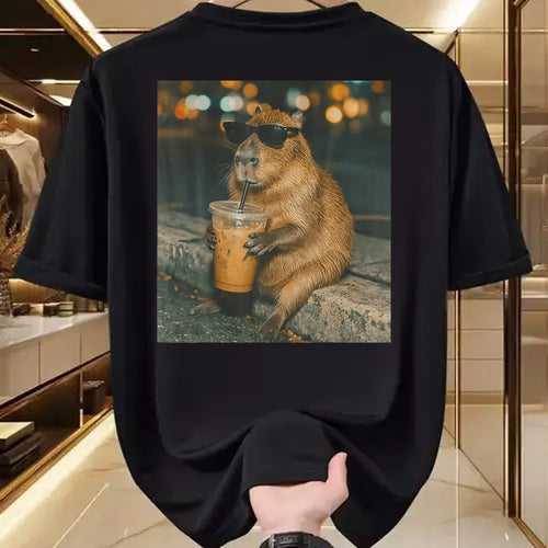 Cute Capybara Shirt, Funny Capybara Unisex T-Shirt/Hoodie/Sweatshirt HLT00 - Funny Capybara Drinking Iced Coffee Cute Animal Meme T-Shirt