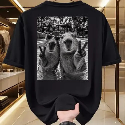 Cute Capybara Shirt, Funny Capybara Unisex T-Shirt/Hoodie/Sweatshirt HLT00 - Funny Capybara Selfie Peace Sign Men Women Cute Animal T-Shirt