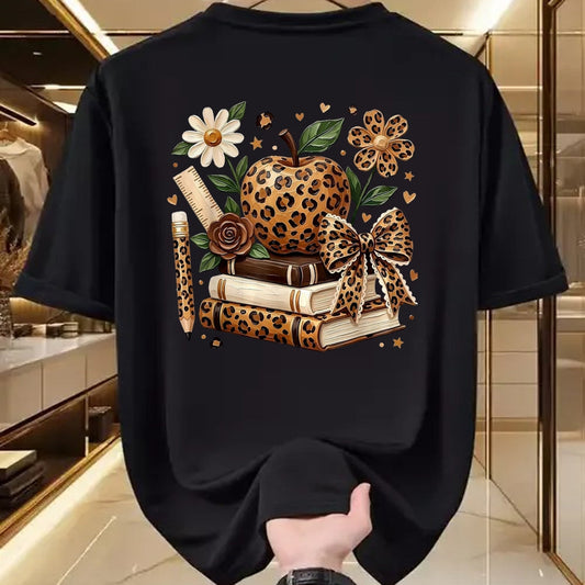 Best Student Shirt, Funny Back To School UnisexT-Shirt/Hoodie/Sweatshirt HLT00 - Leopard Apple Floral Coquette Bow Book Pencil Back to School T-Shirt, Women, White, Medium