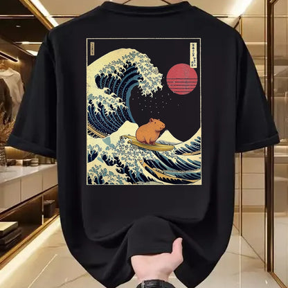 Cute Capybara Shirt, Funny Capybara Unisex T-Shirt/Hoodie/Sweatshirt HLT00 - Capybara Japanese Kanagawa Wave Funny Surf Animal T-Shirt, Men, Black, 3X-Large