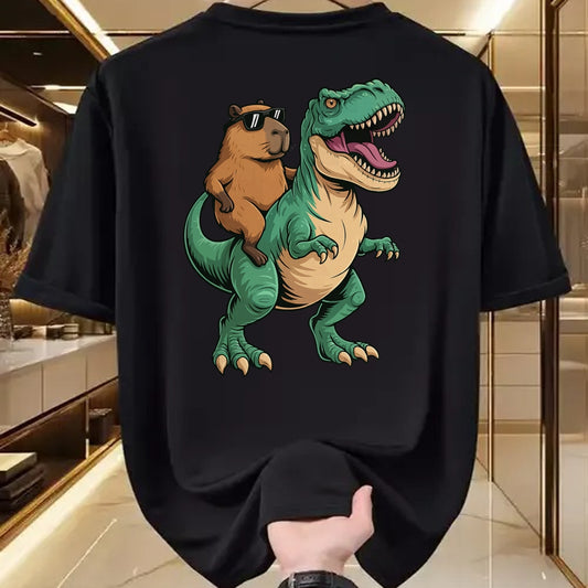 Cute Capybara Shirt, Funny Capybara Unisex T-Shirt/Hoodie/Sweatshirt HLT00 - Capybara Riding T-Rex T-Shirt