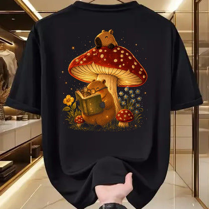 Cute Capybara Shirt, Funny Capybara Unisex T-Shirt/Hoodie/Sweatshirt HLT00 - Capybara Reading Book Mushroom Cottagecore Aesthetic Women T-Shirt