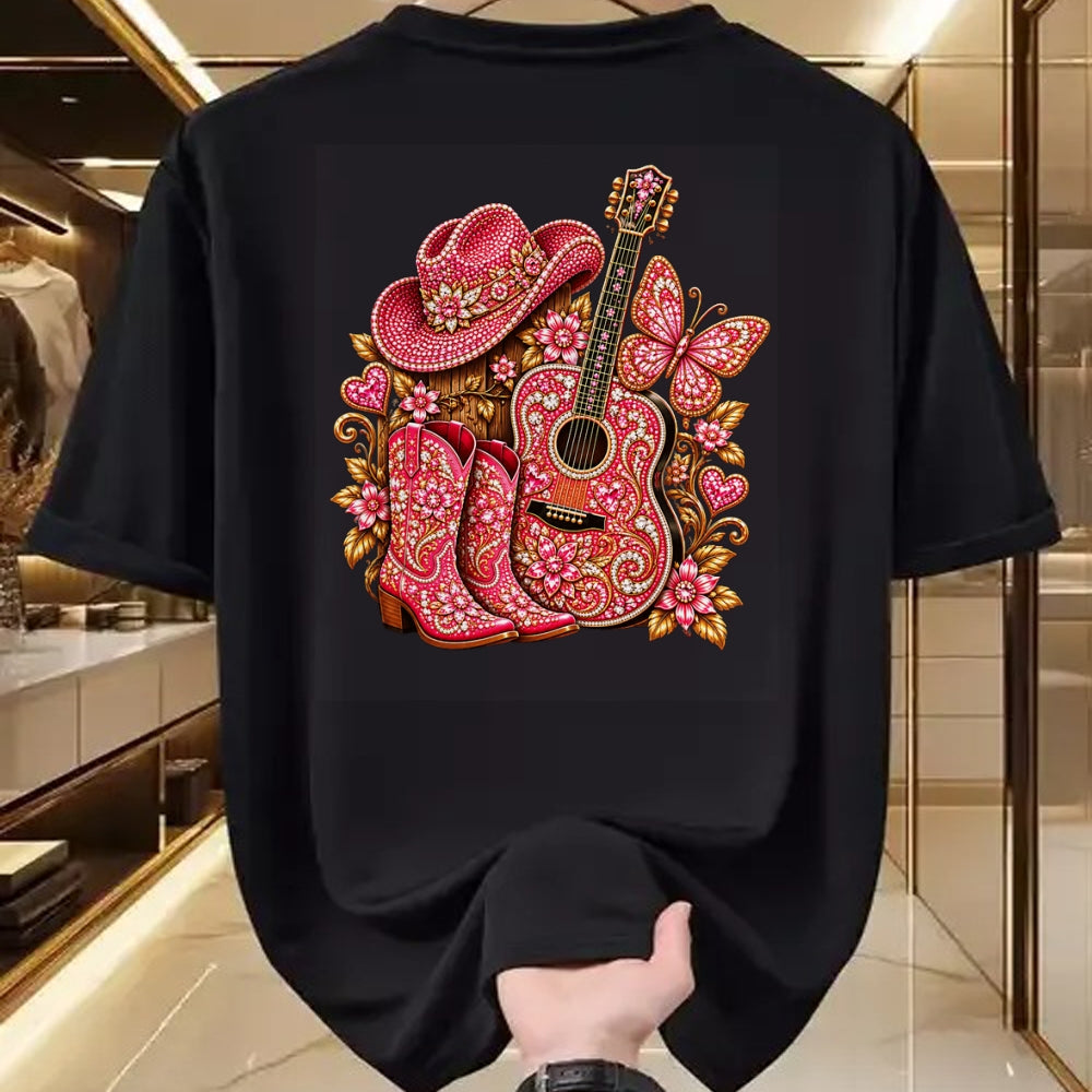 Guitar Lover Shirt, Funny Guitar UnisexT-Shirt/Hoodie/Sweatshirt HLT00 - Bedazzled Butterfly Pink Cowboy Guitar Country T-Shirt