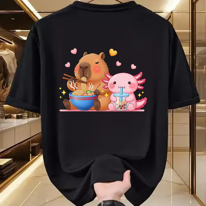 Cute Capybara Shirt, Funny Capybara Unisex T-Shirt/Hoodie/Sweatshirt HLT00 - Cute Capybara Ramen and Axolotl Boba Kawaii Boys Girls Kids T-Shirt