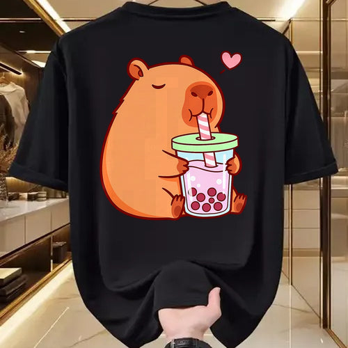 Cute Capybara Shirt, Funny Capybara Unisex T-Shirt/Hoodie/Sweatshirt HLT00 - Cute Capybara Kawaii Anime Girls Drinking Boba Tea Lover T-Shirt