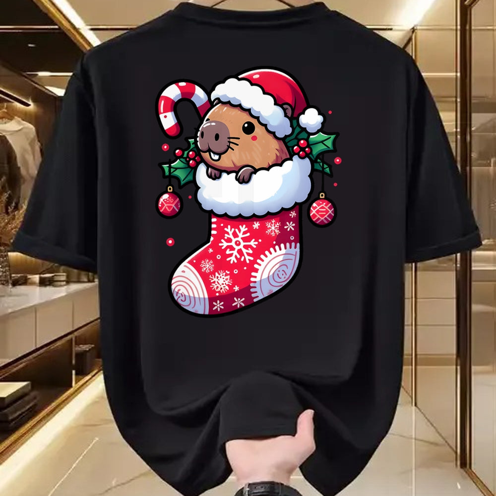 Cute Capybara Shirt, Funny Capybara Unisex T-Shirt/Hoodie/Sweatshirt HLT00 - Cute Capybara Wearing Santa Hat in Christmas Stocking Pajama T-Shirt