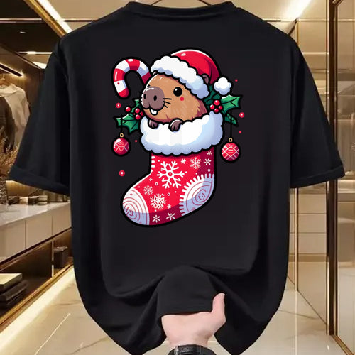 Cute Capybara Shirt, Funny Capybara Unisex T-Shirt/Hoodie/Sweatshirt HLT00 - Cute Capybara Wearing Santa Hat in Christmas Stocking Pajama T-Shirt