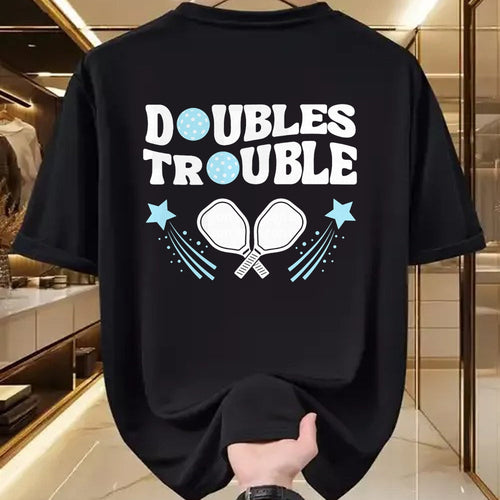 Funny Pickleball Shirt, Pickleball Lover Unisex T-Shirt/Hoodie/Sweatshirt HLT00 - Blue Doubles Trouble Pickleball Tournament Partner Matching T-Shirt