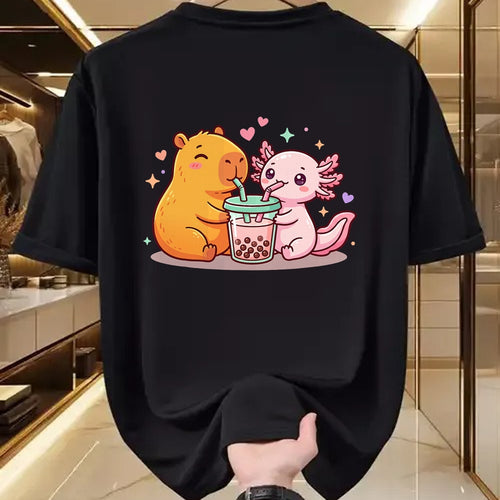 Cute Capybara Shirt, Funny Capybara Unisex T-Shirt/Hoodie/Sweatshirt HLT00 - Cute Capybara and Axolotl Bubble Tea Boba Girls Kawaii T-Shirt