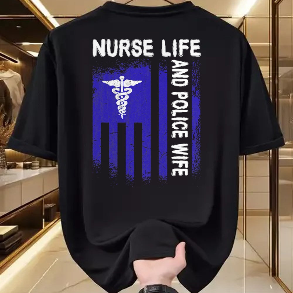 Funny Nurse Shirt, Nurse Unisex T-Shirt/Hoodie/Sweatshirt HLT00 - Nurse Life And Police Wife Flag American For Nurse & Police T-Shirt