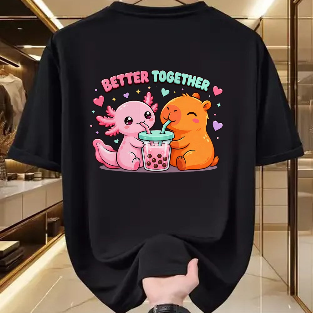 Cute Capybara Shirt, Funny Capybara Unisex T-Shirt/Hoodie/Sweatshirt HLT00 - Cute Capybara and Axolotl Bubble Tea Boba Girls Kawaii Anime T-Shirt (2)