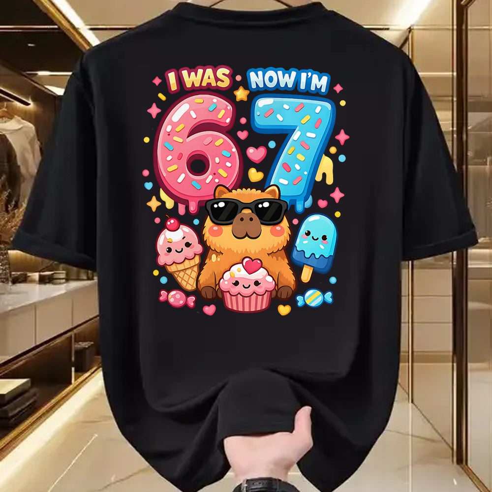 Cute Capybara Shirt, Funny Capybara Unisex T-Shirt/Hoodie/Sweatshirt HLT00 - I was 6 Now I_m 7 Birthday 67 Meme Capybara Ice Cream Kawaii T-Shirt
