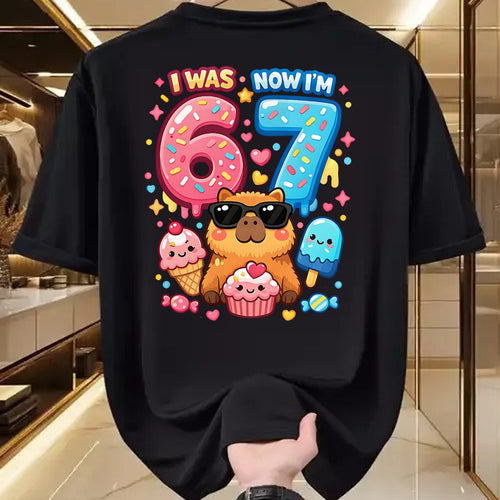 Cute Capybara Shirt, Funny Capybara Unisex T-Shirt/Hoodie/Sweatshirt HLT00 - I was 6 Now I_m 7 Birthday 67 Meme Capybara Ice Cream Kawaii T-Shirt