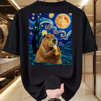 Cute Capybara Shirt, Funny Capybara Unisex T-Shirt/Hoodie/Sweatshirt HLT00 - Capybara in Van Gogh Starry Night Don_t Worry Be Capy Cappy T-Shirt