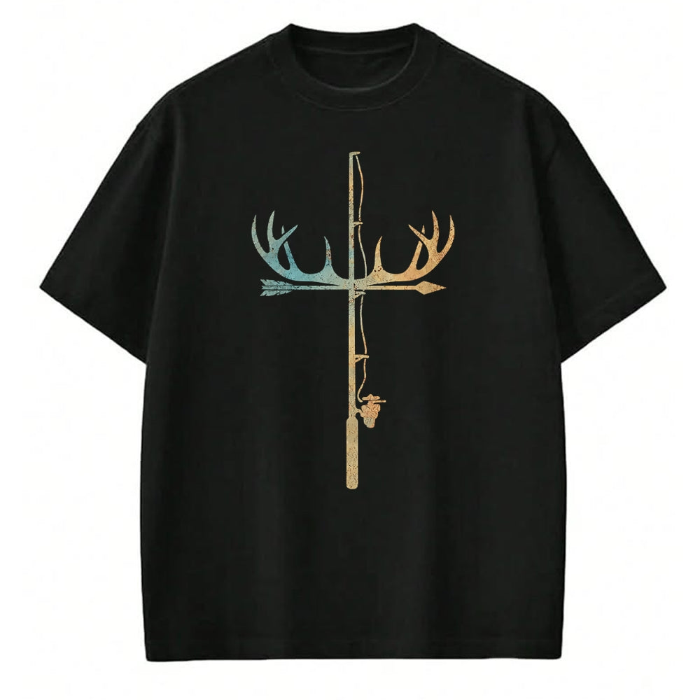 Funny Fishing Shirt, Gift For Fishing Lover Unisex T-Shirt/Hoodie/Sweatshirt HLT00 - Antler Fishing Rod Cross God Family Hunting Fishing T-Shirt