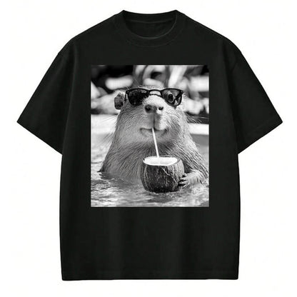 Cute Capybara Shirt, Funny Capybara Unisex T-Shirt/Hoodie/Sweatshirt HLT00 - Capybara Selfie with Sunglasses and Coconut Drink T-Shirt