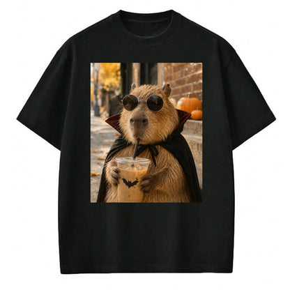 Cute Capybara Shirt, Funny Capybara Unisex T-Shirt/Hoodie/Sweatshirt HLT00 - Capybara Vampire Drinking Iced Coffee Halloween Funny Meme T-Shirt