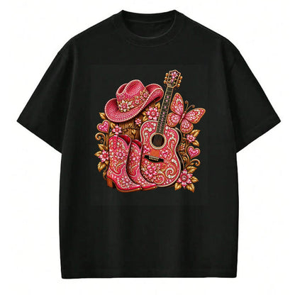 Guitar Lover Shirt, Funny Guitar UnisexT-Shirt/Hoodie/Sweatshirt HLT00 - Bedazzled Butterfly Pink Cowboy Guitar Country T-Shirt