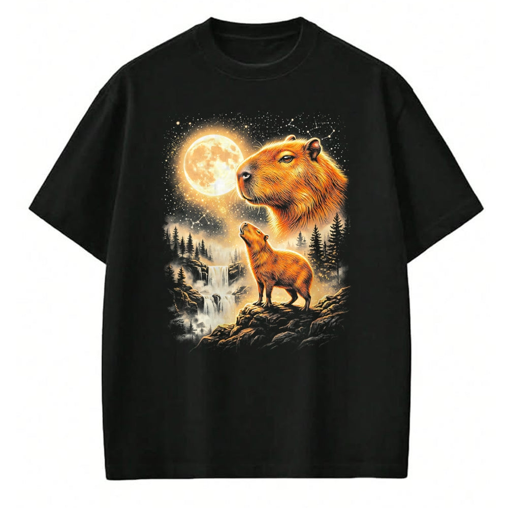 Cute Capybara Shirt, Funny Capybara Unisex T-Shirt/Hoodie/Sweatshirt HLT00 - Capybara Howling At The Moon Forest Waterfall Art T-Shirt