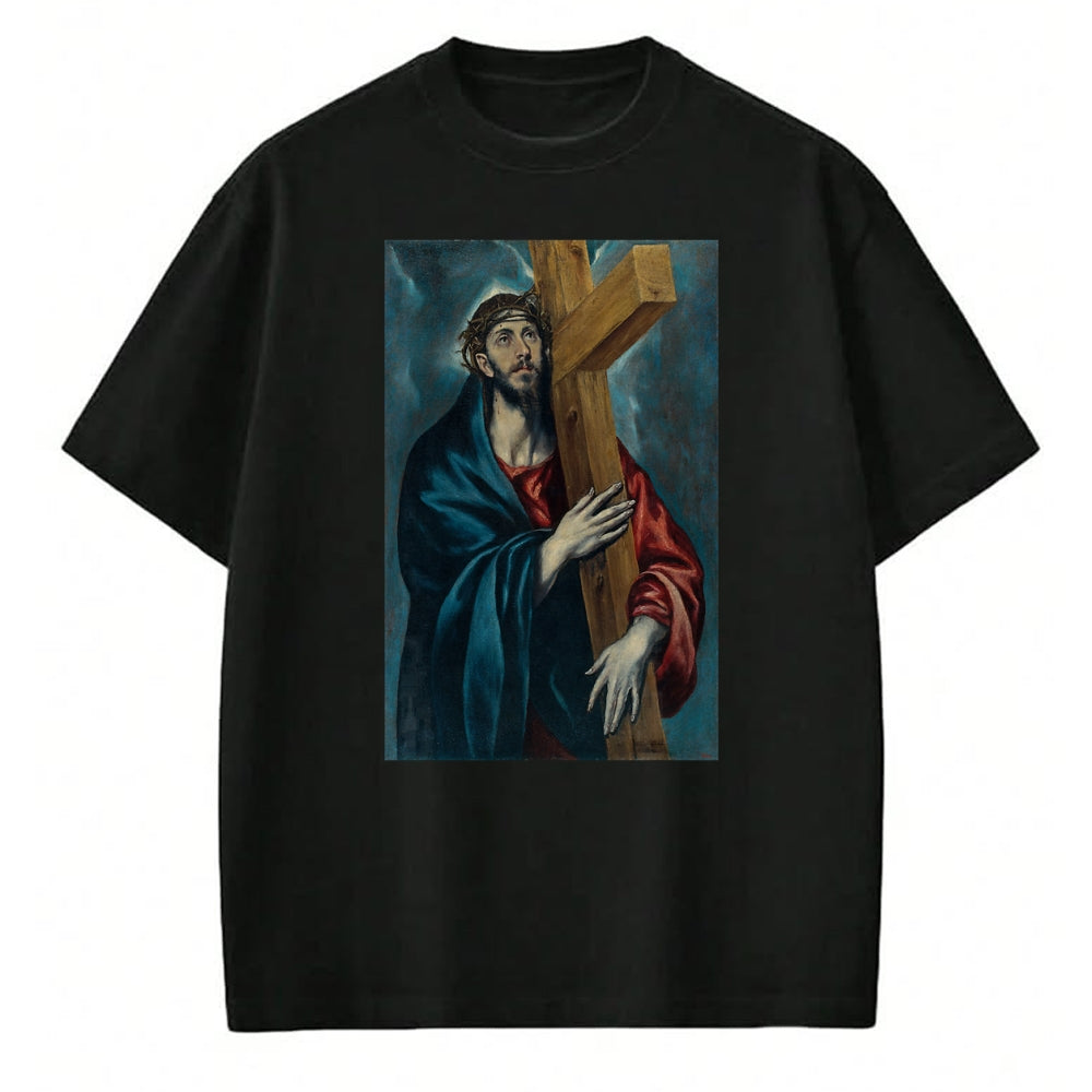 Christian Tee, Christian Faith Unisex T-Shirt/Hoodie/Sweatshirt HLT00 - Christ Carrying the Cross Jesus Painting Saviour Christian T-Shirt