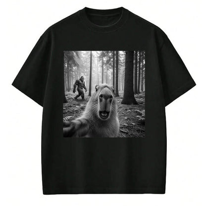 Cute Capybara Shirt, Funny Capybara Unisex T-Shirt/Hoodie/Sweatshirt HLT00 - Funny Capybara Selfie with Sasquatsch Bigfoot for Men Women T-Shirt, Men, Black, 3X-Large