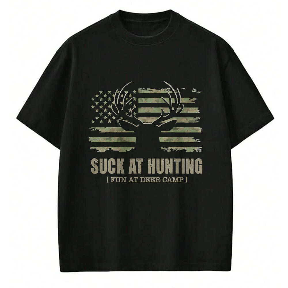 Funny Camping Shirt, Gift For Camping Lover Unisex T-Shirt/Hoodie/Sweatshirt HLT00 - Suck At Hunting Fun At Deer Camp Funny Man Hunter Camping T-Shirt
