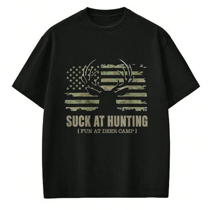 Funny Camping Shirt, Gift For Camping Lover Unisex T-Shirt/Hoodie/Sweatshirt HLT00 - Suck At Hunting Fun At Deer Camp Funny Man Hunter Camping T-Shirt
