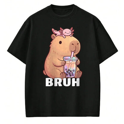 Cute Capybara Shirt, Funny Capybara Unisex T-Shirt/Hoodie/Sweatshirt HLT00 - Cute Bruh Capybara Drinking Bubble Tea Axolotl Funny Kawaii T-Shirt