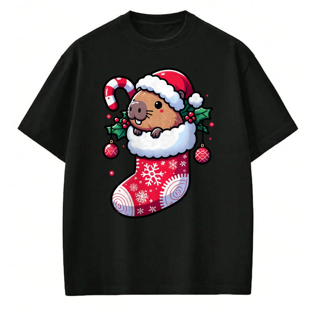 Cute Capybara Shirt, Funny Capybara Unisex T-Shirt/Hoodie/Sweatshirt HLT00 - Cute Capybara Wearing Santa Hat in Christmas Stocking Pajama T-Shirt