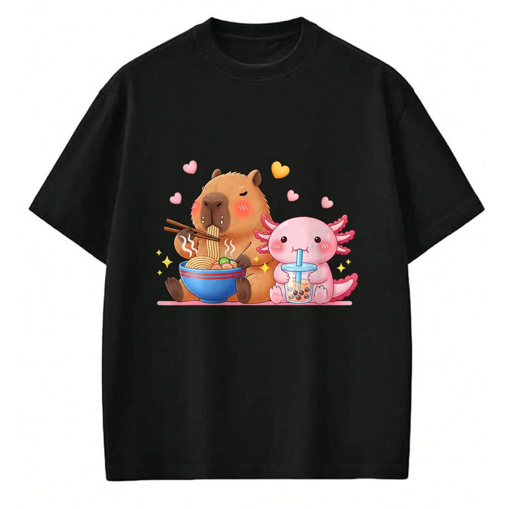 Cute Capybara Shirt, Funny Capybara Unisex T-Shirt/Hoodie/Sweatshirt HLT00 - Cute Capybara Ramen and Axolotl Boba Kawaii Boys Girls Kids T-Shirt