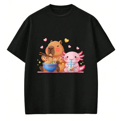 Cute Capybara Shirt, Funny Capybara Unisex T-Shirt/Hoodie/Sweatshirt HLT00 - Cute Capybara Ramen and Axolotl Boba Kawaii Boys Girls Kids T-Shirt