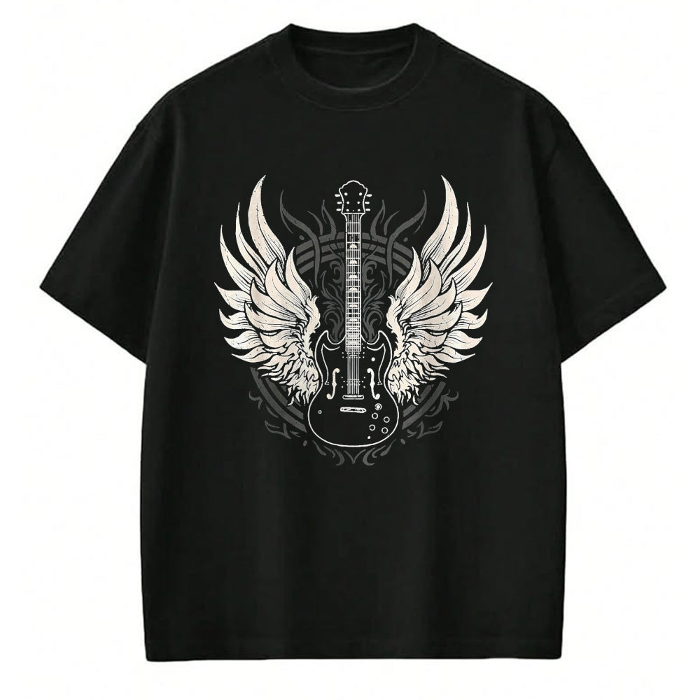 Guitar Lover Shirt, Funny Guitar UnisexT-Shirt/Hoodie/Sweatshirt HLT00 - Guitar Wings Vintage Retro 80s Rock & Roll Music T-Shirt, Women, Black, Medium