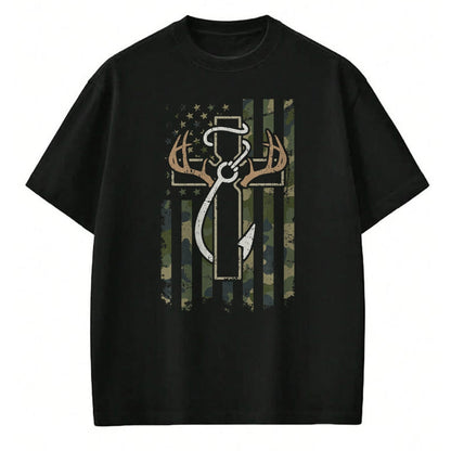 Christian Tee, Christian Faith Unisex T-Shirt/Hoodie/Sweatshirt HLT00 - Hunting Fishing Faith - Christian Hunter Fisherman Camo USA T-Shirt
