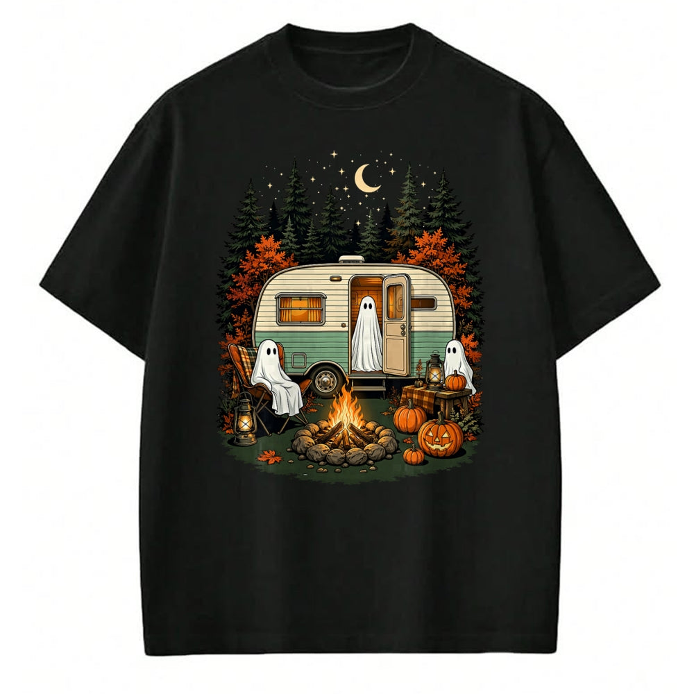 Funny Camping Shirt, Gift For Camping Lover Unisex T-Shirt/Hoodie/Sweatshirt HLT00 - Halloween Ghost Rv Camping Fall Camper Pumpkin Camper Autumn T-Shirt