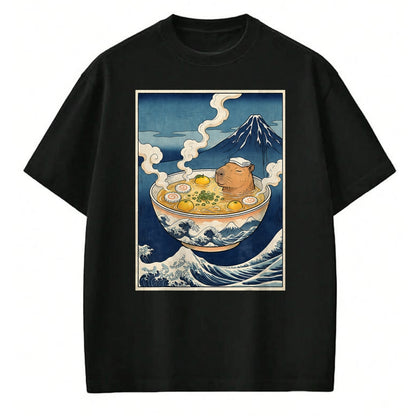 Cute Capybara Shirt, Funny Capybara Unisex T-Shirt/Hoodie/Sweatshirt HLT00 - Cute Capybara Ramen Mt Fuji Ukiyo-e Great Wave Japanese Art T-Shirt