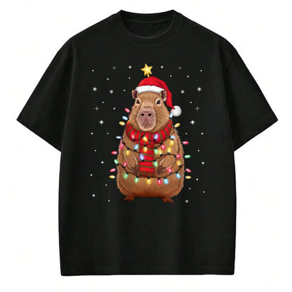 Cute Capybara Shirt, Funny Capybara Unisex T-Shirt/Hoodie/Sweatshirt HLT00 - Christmas Capybara with Santa Hat Xmas Lights Tree T-Shirt