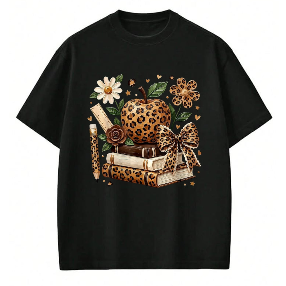 Best Student Shirt, Funny Back To School UnisexT-Shirt/Hoodie/Sweatshirt HLT00 - Leopard Apple Floral Coquette Bow Book Pencil Back to School T-Shirt, Women, White, Medium