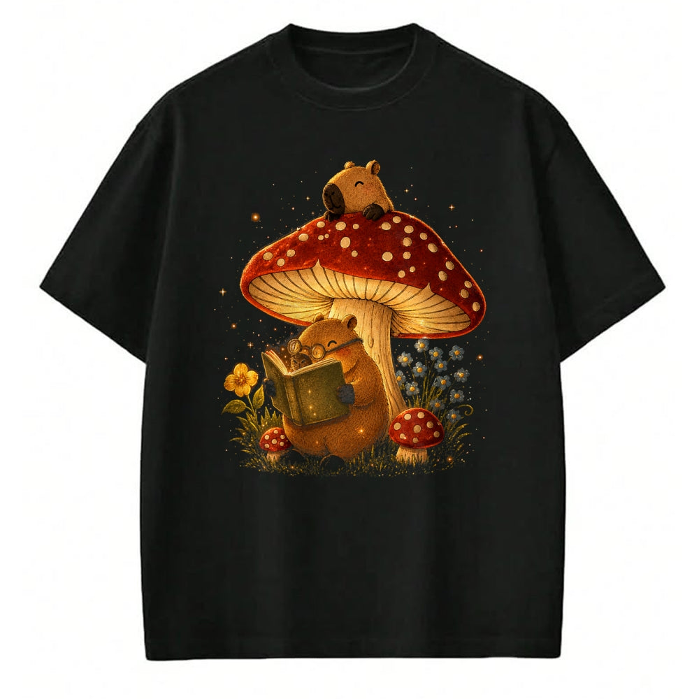 Cute Capybara Shirt, Funny Capybara Unisex T-Shirt/Hoodie/Sweatshirt HLT00 - Capybara Reading Book Mushroom Cottagecore Aesthetic Women T-Shirt