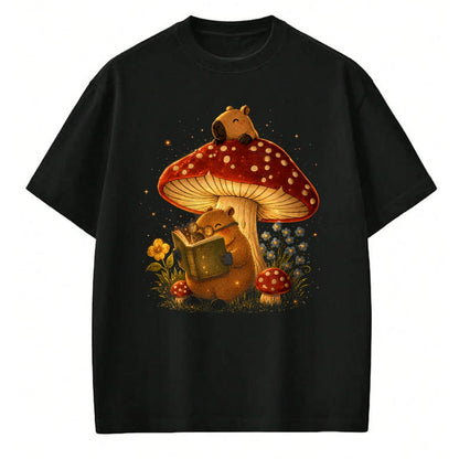 Cute Capybara Shirt, Funny Capybara Unisex T-Shirt/Hoodie/Sweatshirt HLT00 - Capybara Reading Book Mushroom Cottagecore Aesthetic Women T-Shirt