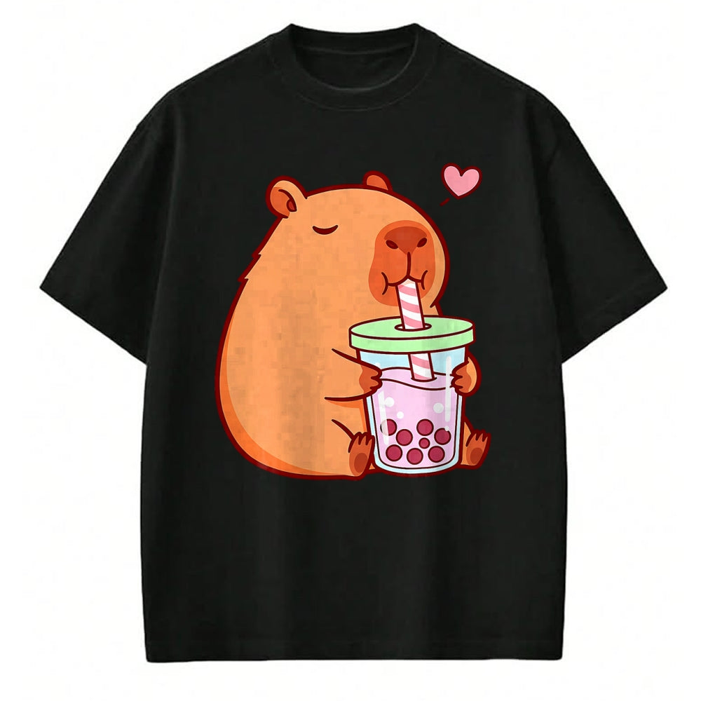 Cute Capybara Shirt, Funny Capybara Unisex T-Shirt/Hoodie/Sweatshirt HLT00 - Cute Capybara Kawaii Anime Girls Drinking Boba Tea Lover T-Shirt