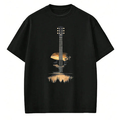 Guitar Lover Shirt, Funny Guitar UnisexT-Shirt/Hoodie/Sweatshirt HLT00 - Sunset Acoustic Guitar Scenic Nature Art T-Shirt, Men, Black, 3X-Large