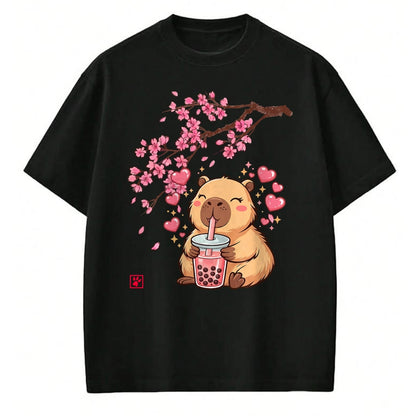 Cute Capybara Shirt, Funny Capybara Unisex T-Shirt/Hoodie/Sweatshirt HLT00 - Cute Capybara Kawaii Anime Drinking Bubble Tea Sakura Japan T-Shirt