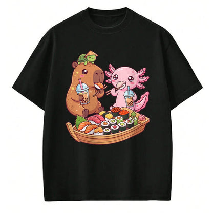 Cute Capybara Shirt, Funny Capybara Unisex T-Shirt/Hoodie/Sweatshirt HLT00 - Cute Capybara Axolotl Sushi Nigiri Bubble Tea Anime Food T-Shirt