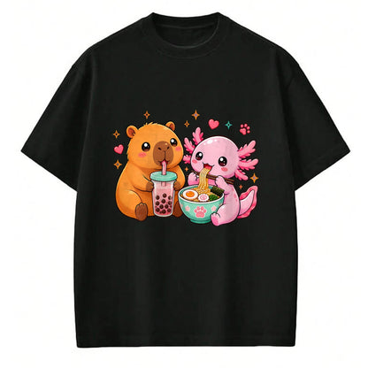 Cute Capybara Shirt, Funny Capybara Unisex T-Shirt/Hoodie/Sweatshirt HLT00 - Cute Capybara Axolotl Boba Ramen Anime Kawaii Foodie Friends T-Shirt