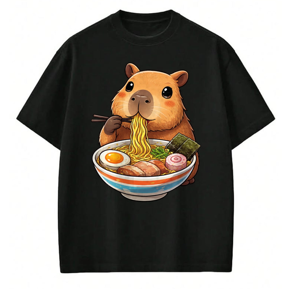 Cute Capybara Shirt, Funny Capybara Unisex T-Shirt/Hoodie/Sweatshirt HLT00 - Capybara Eating Ramen Noodles Japanese Kawaii Graphic T-Shirt