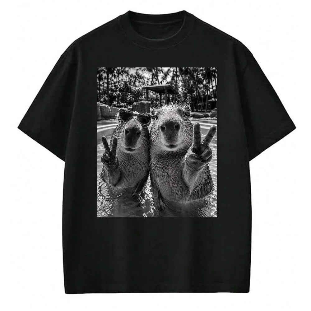 Cute Capybara Shirt, Funny Capybara Unisex T-Shirt/Hoodie/Sweatshirt HLT00 - Funny Capybara Selfie Peace Sign Men Women Cute Animal T-Shirt