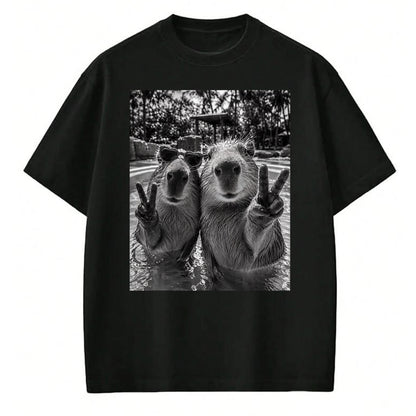 Cute Capybara Shirt, Funny Capybara Unisex T-Shirt/Hoodie/Sweatshirt HLT00 - Funny Capybara Selfie Peace Sign Men Women Cute Animal T-Shirt